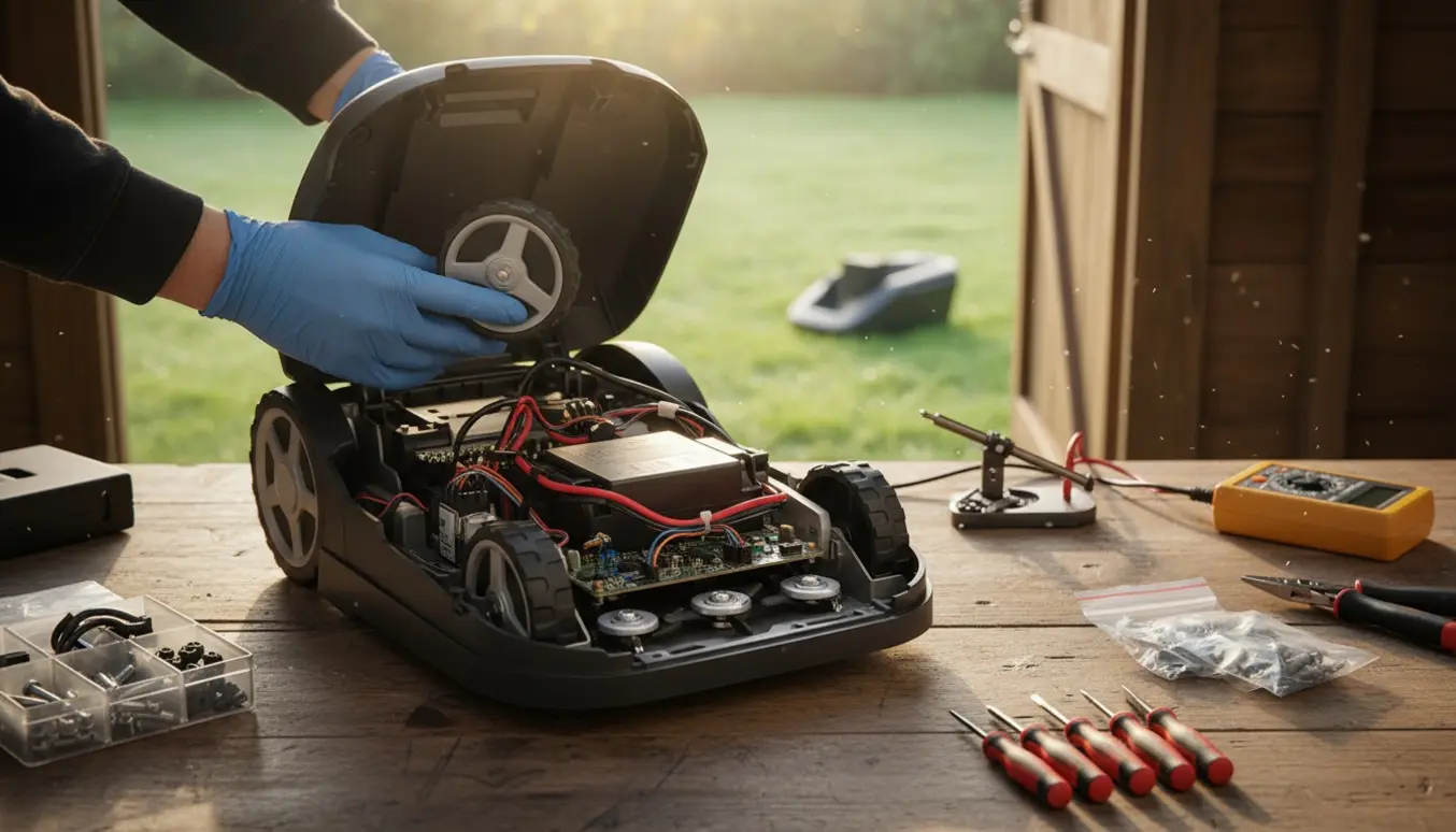 Åben robotplæneklipper på værkstedsbord med reservedele og hænder, der udfører fejlfinding.