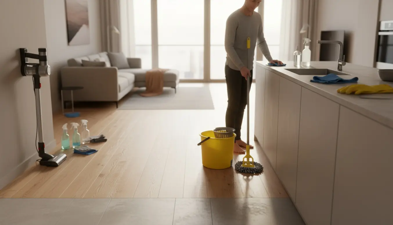Nærbillede af gulvvask og aftørring af bordflader i en lys, moderne lejlighed.