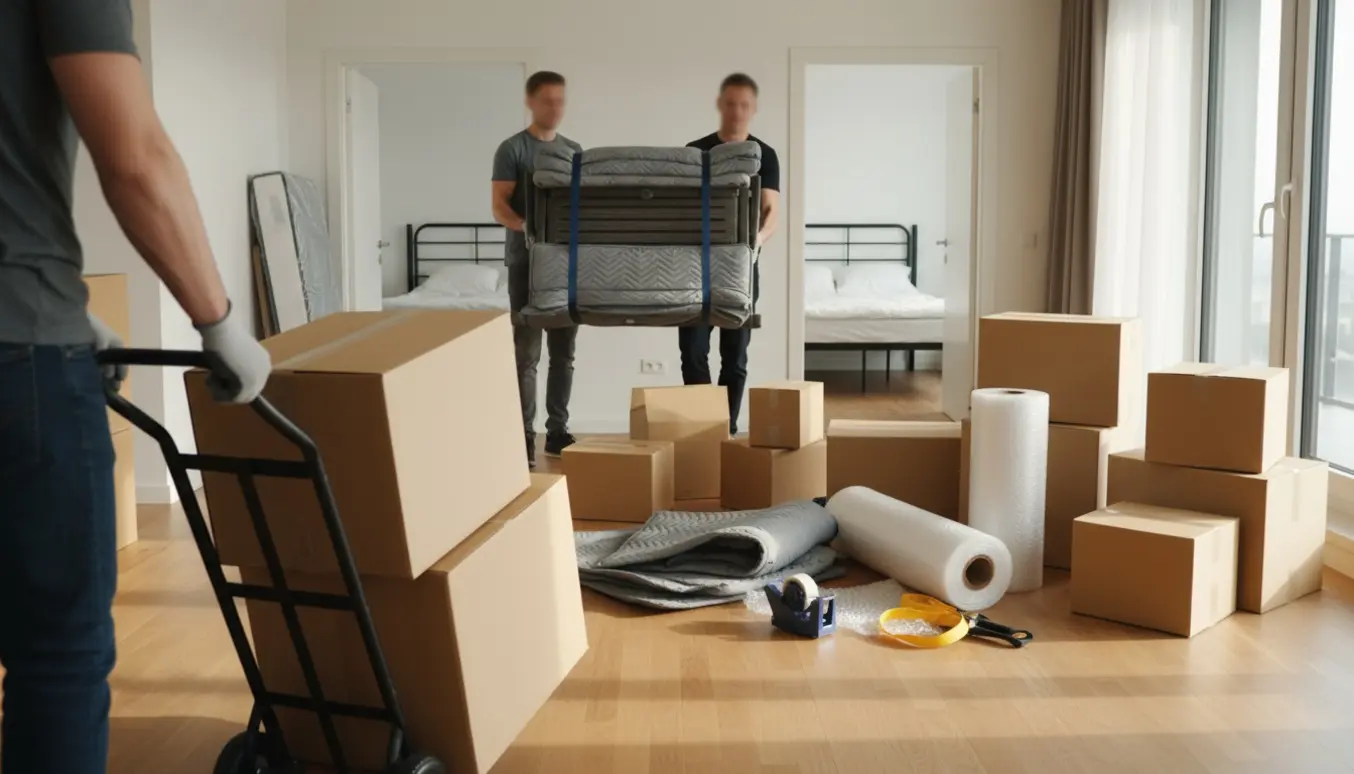 En lys lejlighed under flytning med flyttemænd, pakket havemøblesæt og omkring tolv flyttekasser.