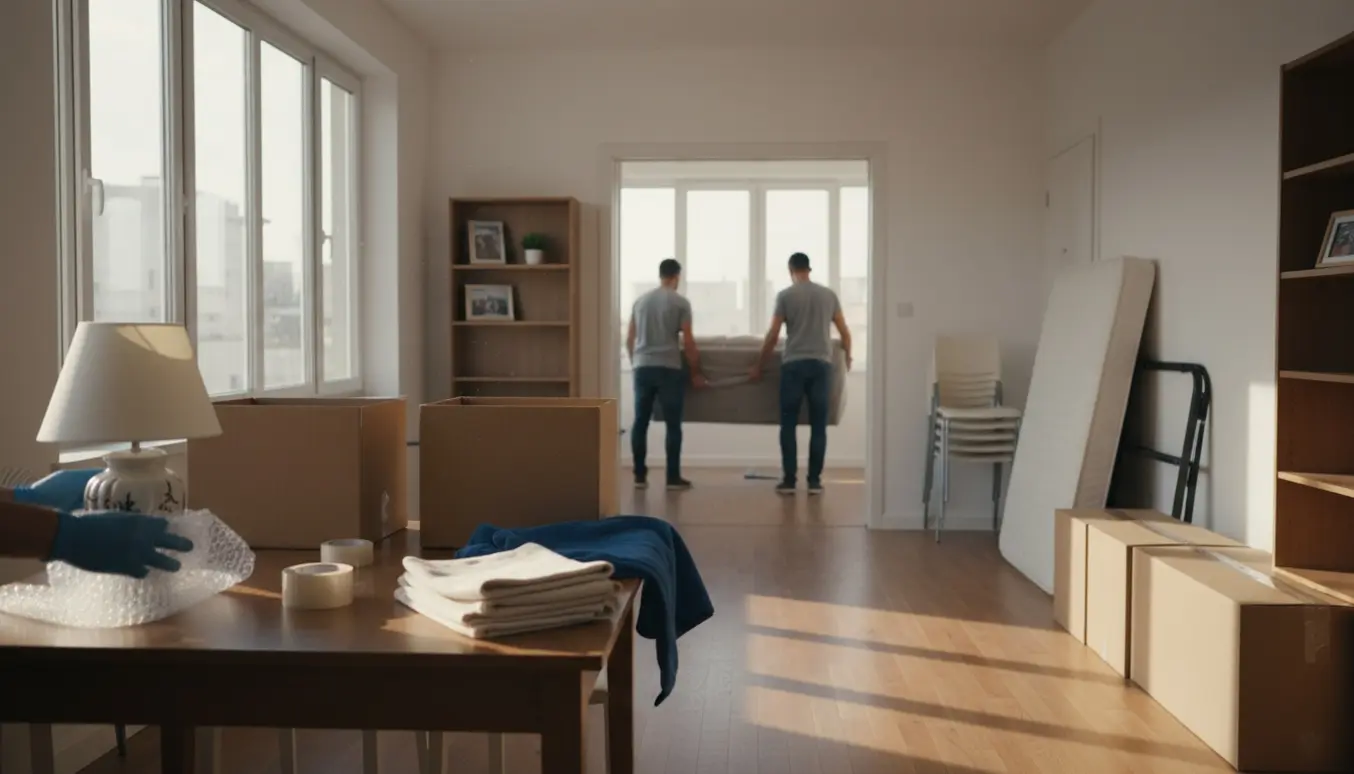 Lejlighed i færd med at blive tømt efter dødsbo med møbler og flyttekasser, personer med ryggen til.