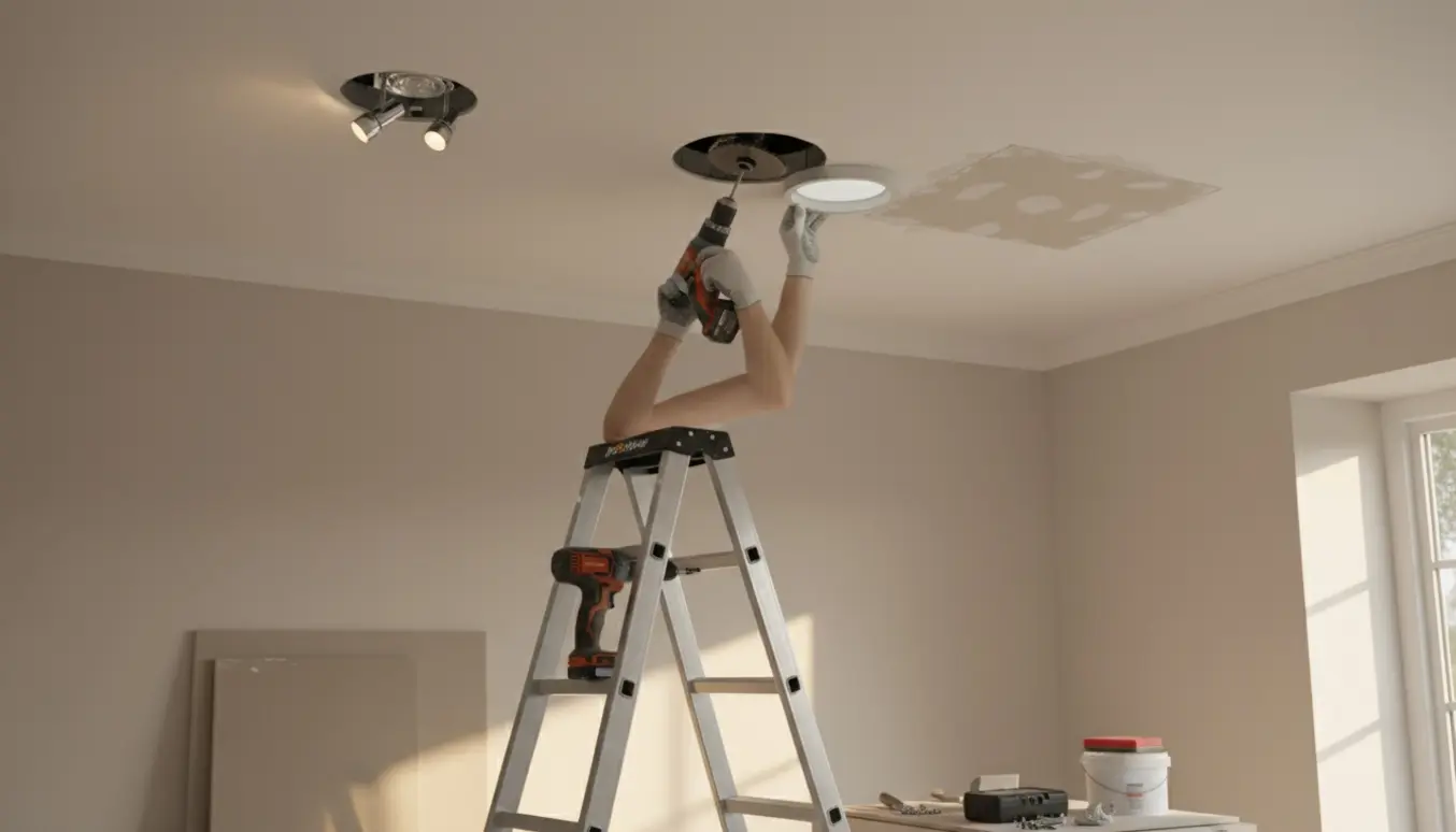 Gipsloft med tre spots, en boremaskine og værktøj, hvor et hul gøres større og et andet lappes.