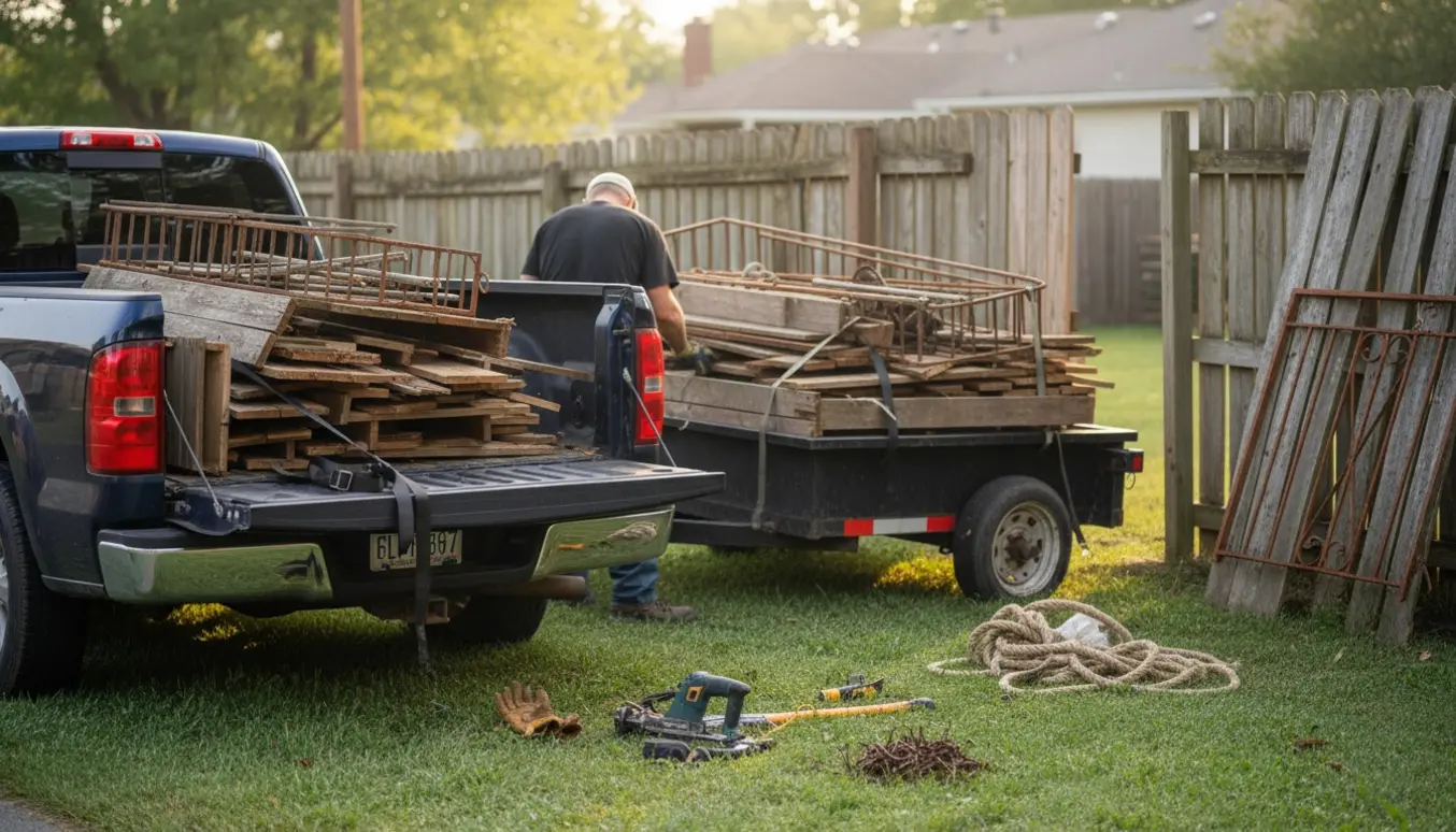 Arbejder læsser afskåret hegn og rækværk på en trailer klar til aflevering på genbrugspladsen.