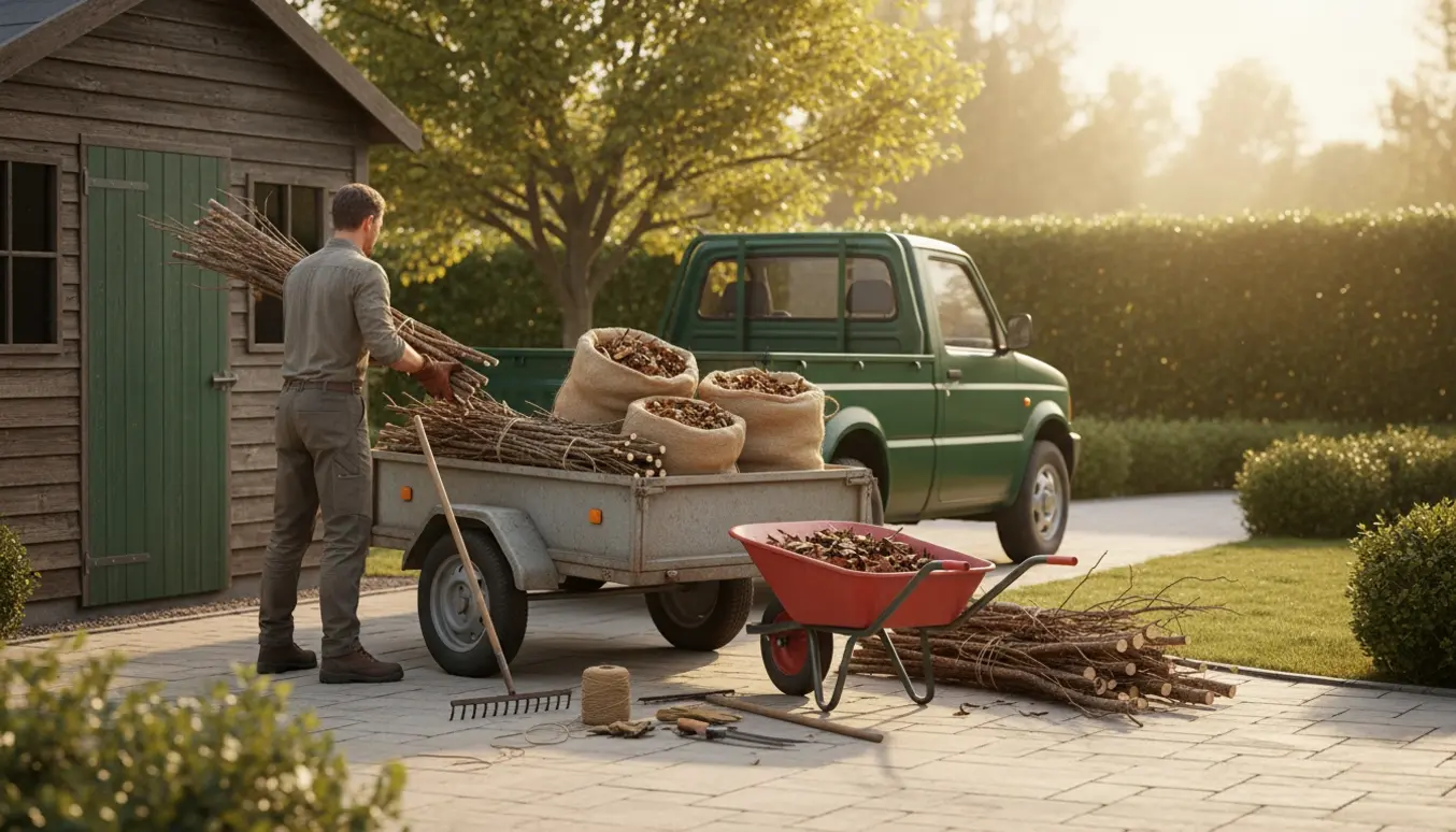 Trailer fyldt med grene og haveaffald på indkørslen, set bagfra mens en person læsser.