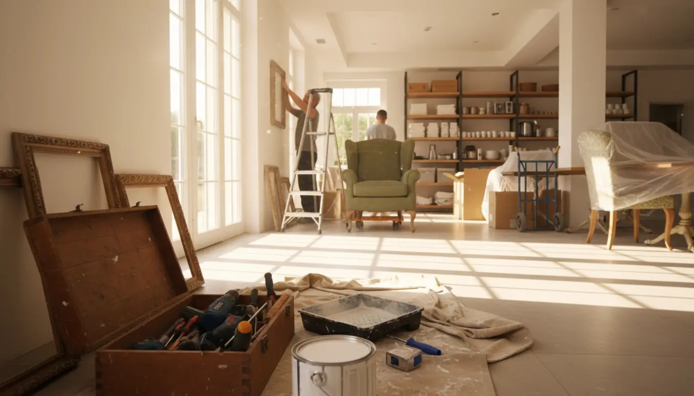 Hotelpersonale rydder op, flytter møbler, maler og hænger billeder i en sollys lobby.