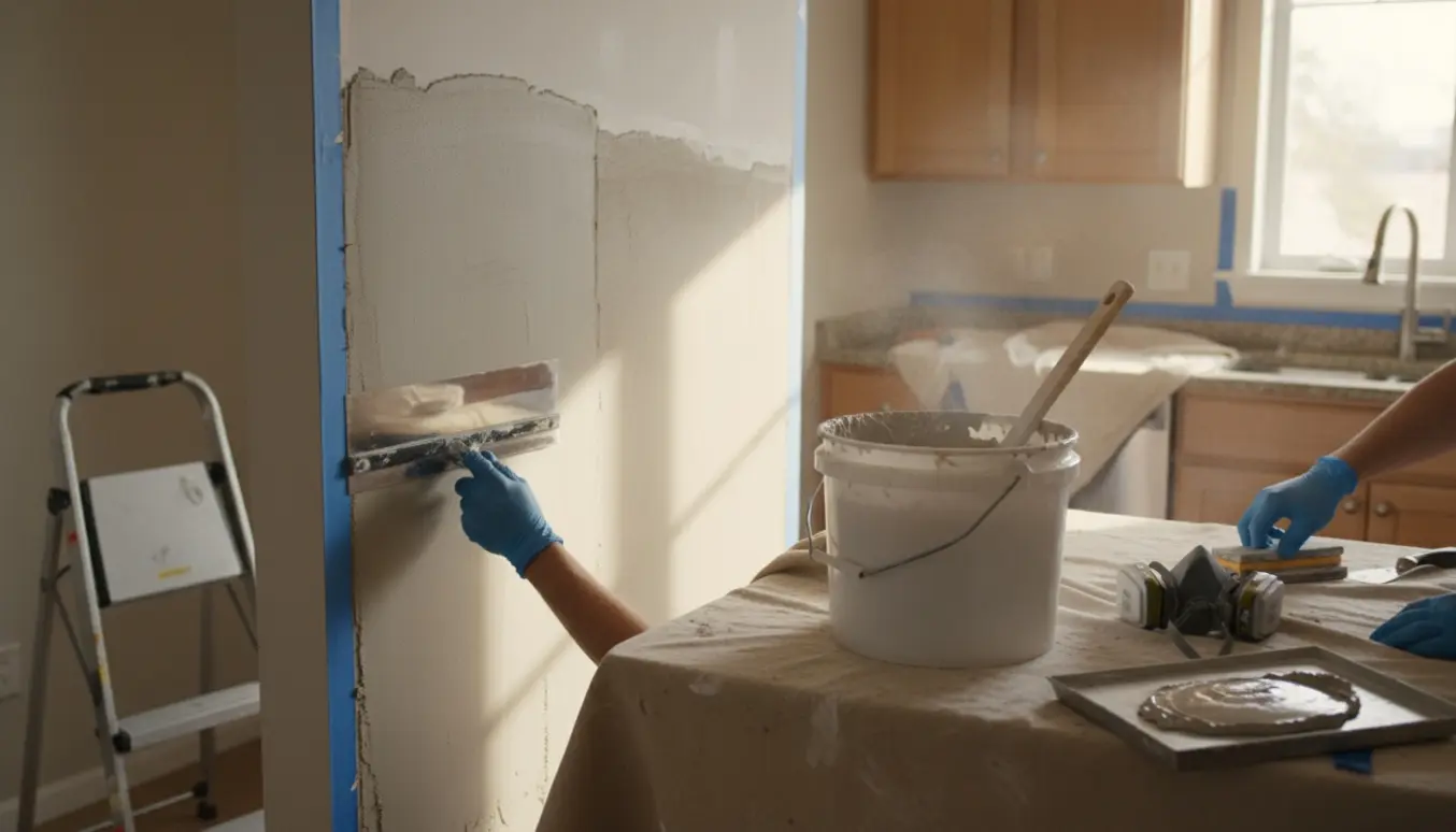 Hænder spartler og sliber en køkkenvæg for at forberede den til maling.
