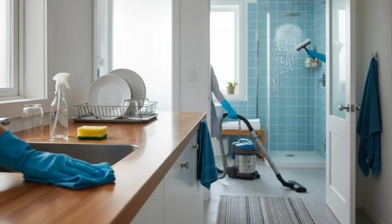 Hænder i gummihandsker tørrer et køkkenbord af, en støvsuger står i gangen, og en brusekabine bliver pudset i baggrunden.