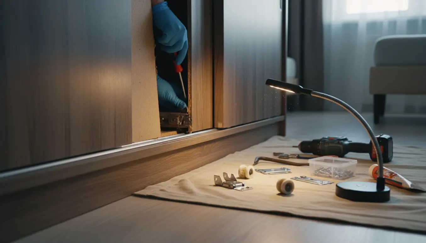 Nærbillede af en skydedør og løs bagplade på et klædeskab med værktøj og hænder i færd med reparation.