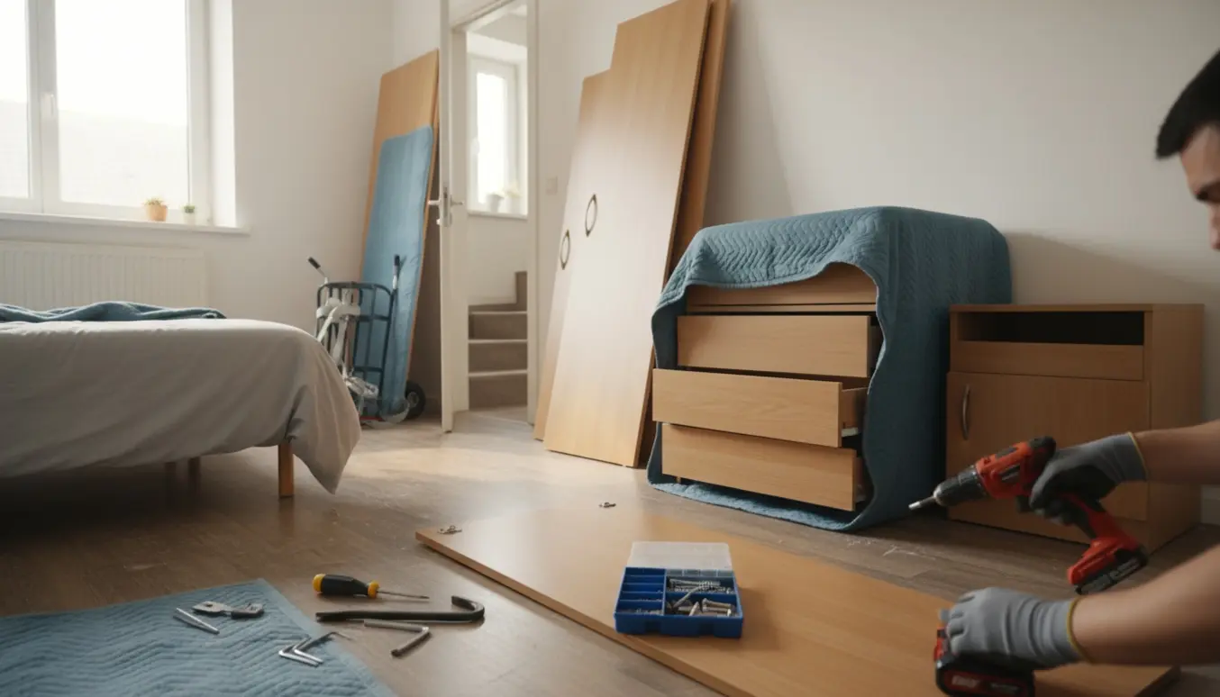 Klædeskab og lille skab adskilles i et soveværelse, med værktøj og dele klar til at blive båret ned fra en lejlighed uden elevator.