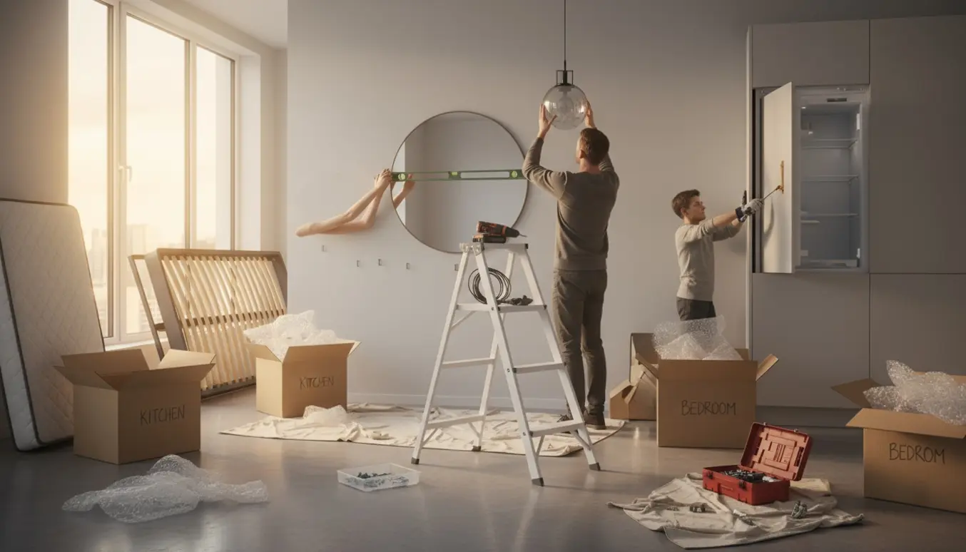 Efter flytning: hængende lamper, spejlopsætning og justering af indbygget køleskab med flyttekasser og nedtagne sengedele i rummet.