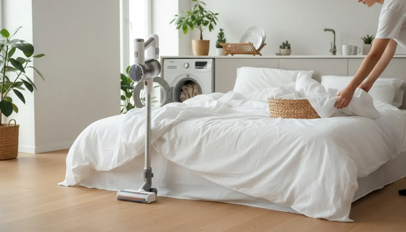 Hænder klargør en ferielejlighed: seng laves, støvsuger på gulvet og vasketøj i kurv.