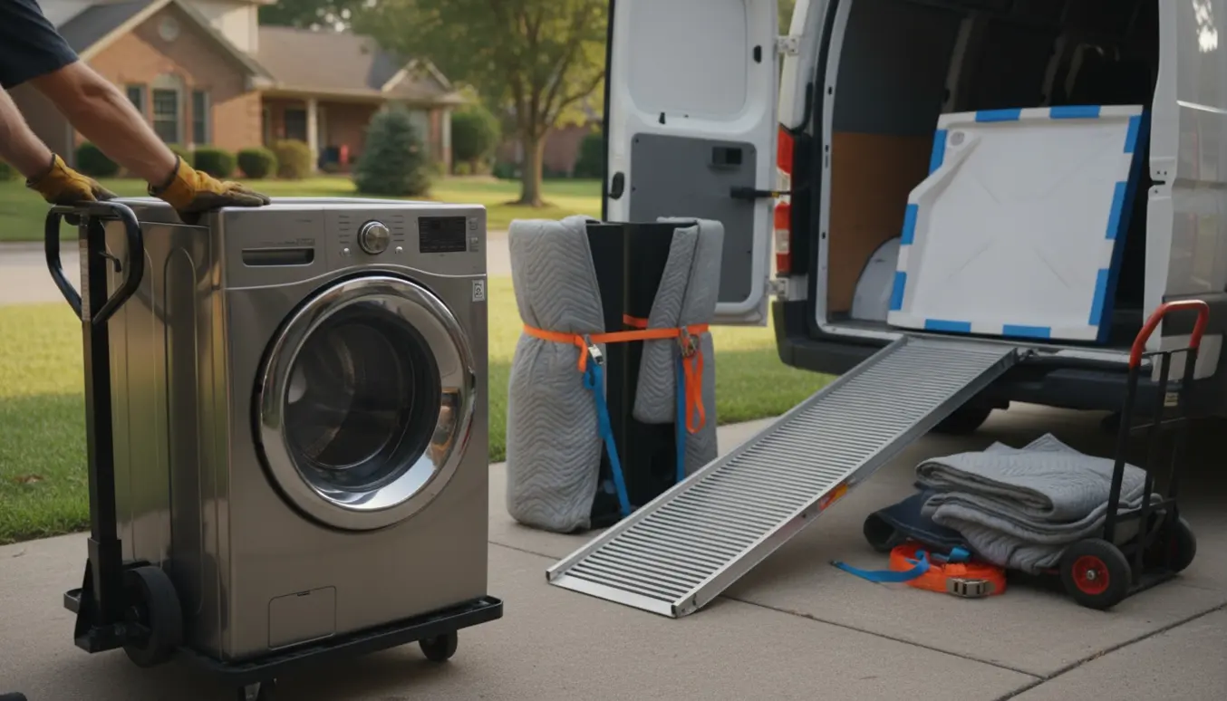 To personer læsser en vaskemaskine, to højttalere og en brusebund ind i en varevogn.