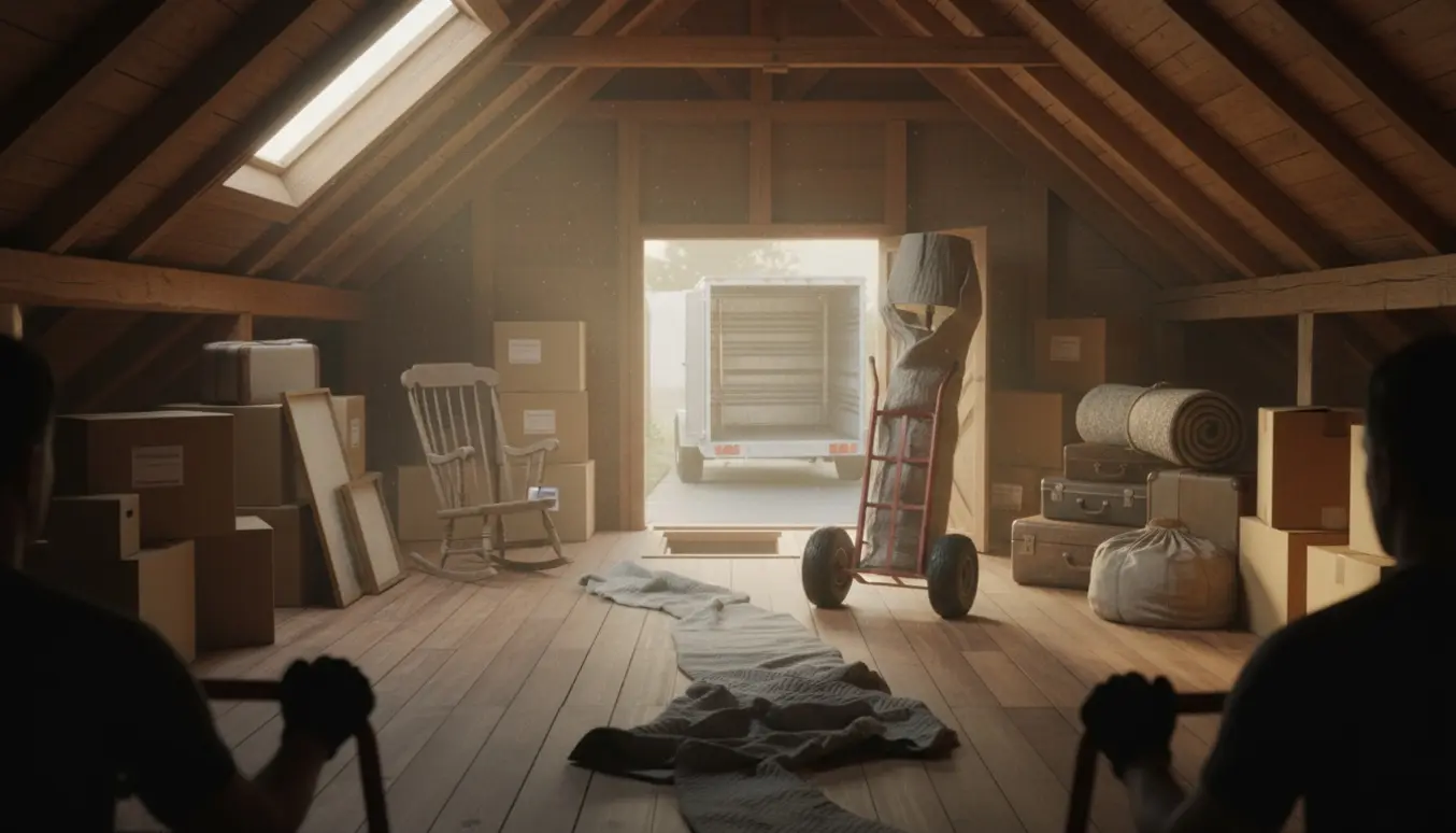 Et lyst loft med stabler af flyttekasser og en handtruck, mens genstande bæres ned gennem en åben lem til en trailer på indkørslen.