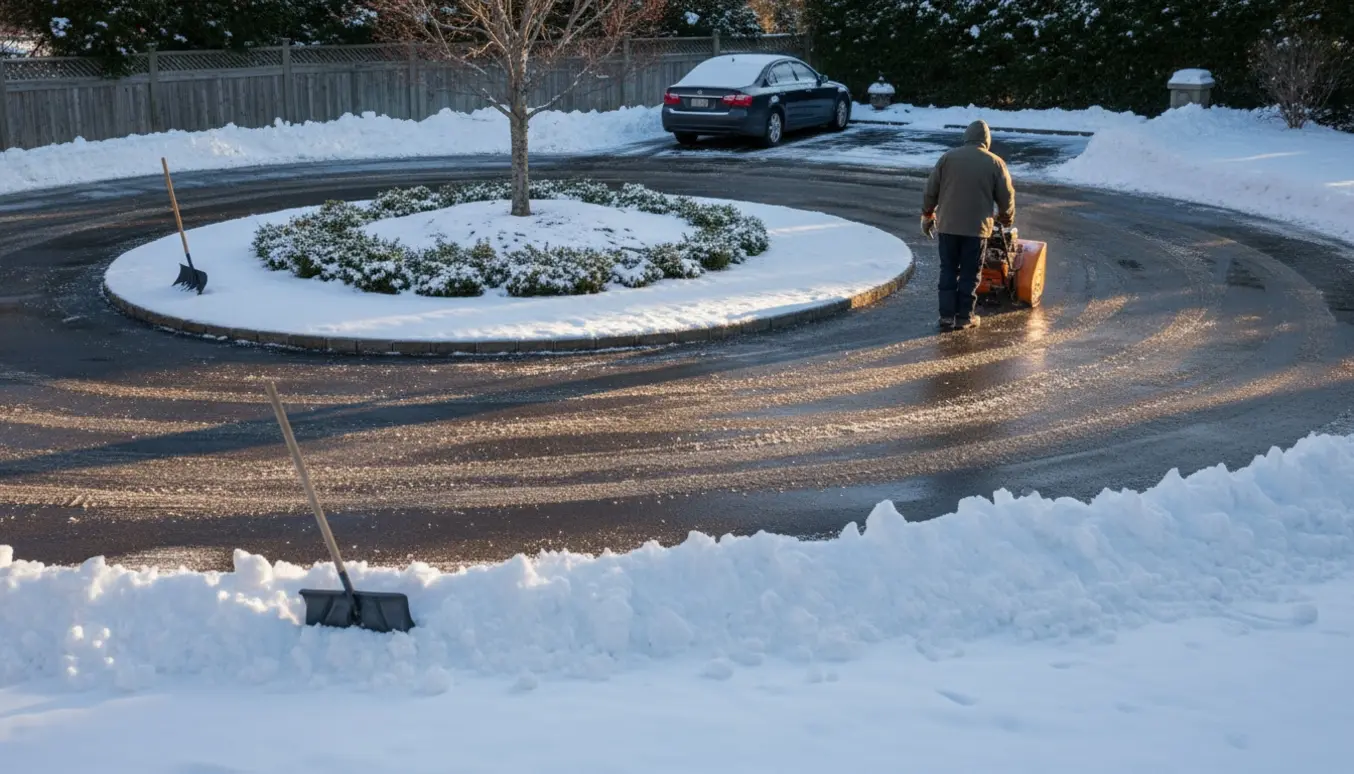 Snerydning i en privat indkørsel med en cirkulær kørsel ryddet omkring et beplantet bed.