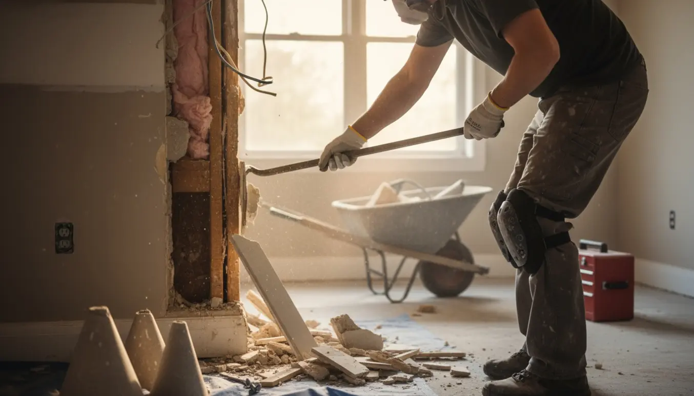 Let nedrivningsarbejde i et hjem med en kofot, handsker og eksponerede spær.