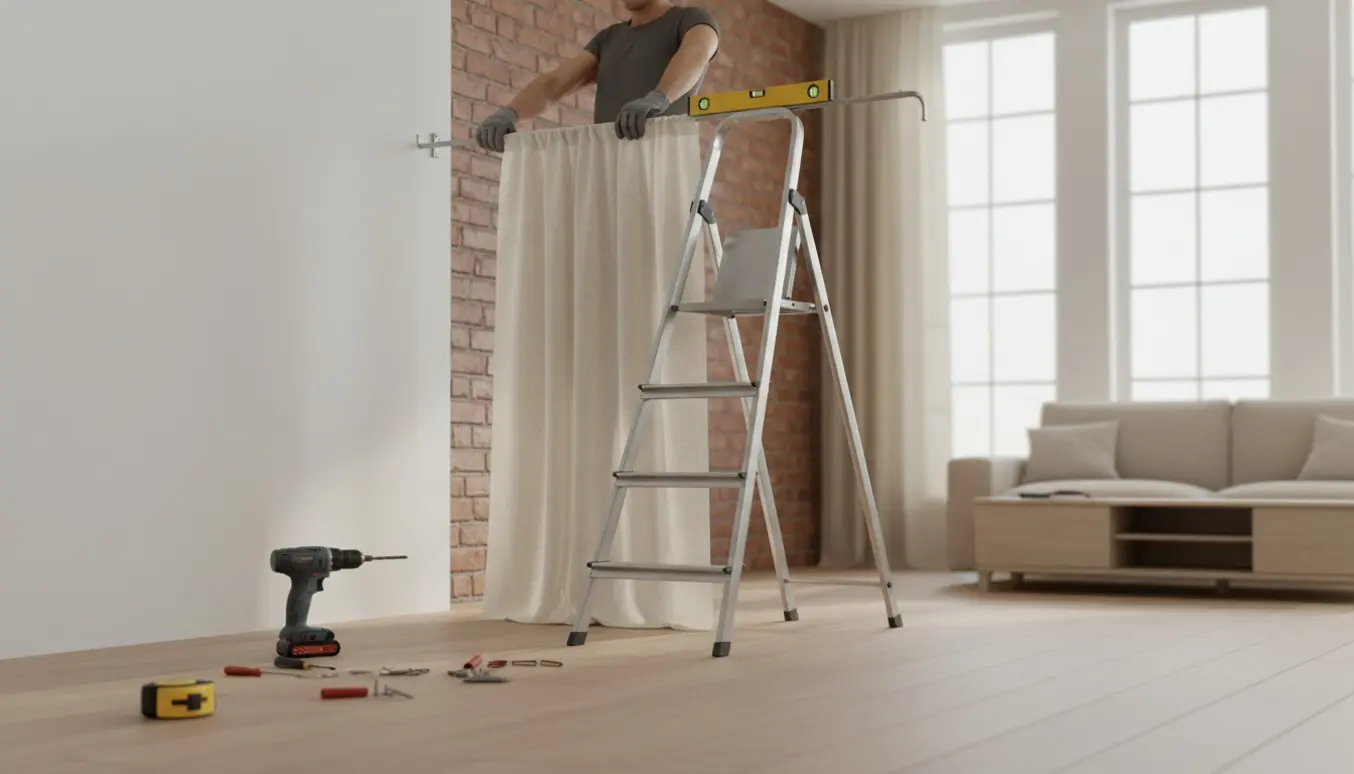 Hænder monterer en gardinstang højt oppe ved en vindue med stige, værktøj og både gips- og murstensvæg i baggrunden.