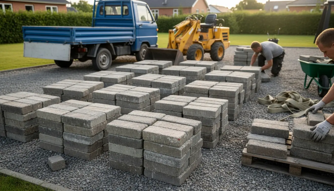 Stakke af herregårdssten på jorden ved en varebil og minilæsser, klar til afhentning.