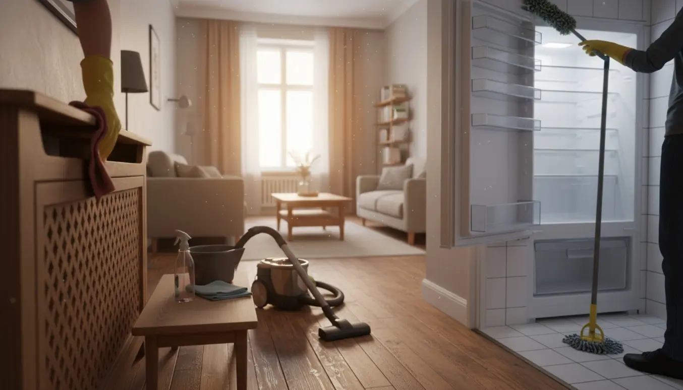 Solbeskinnet lejlighed under grundig rengøring med handsker, støvsuger, moppe og et tomt åbent køleskab i baggrunden.