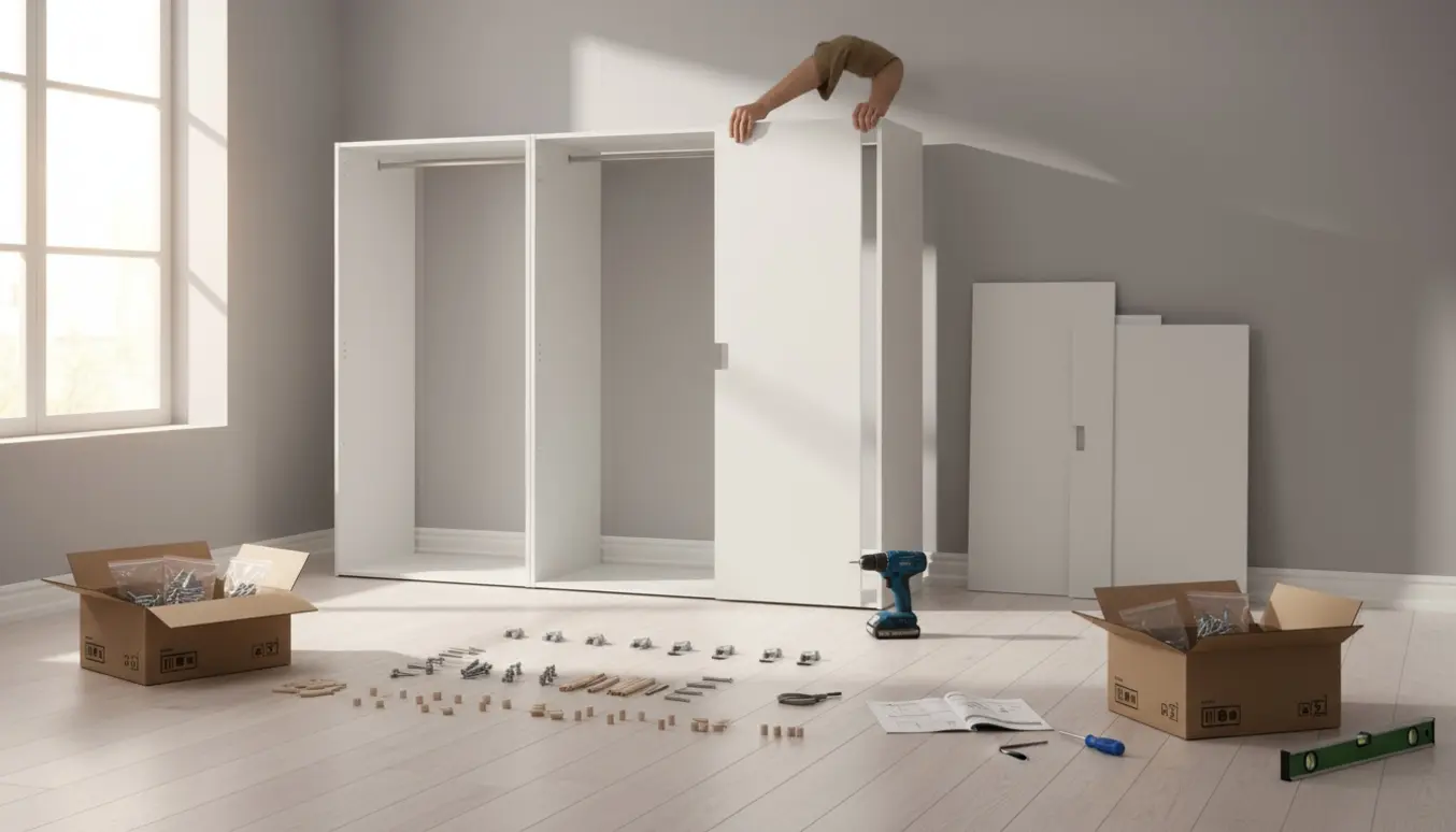 Halvfærdigt fladpakket garderobeskab i stuen med værktøj og hænder, der monterer en sideplade.