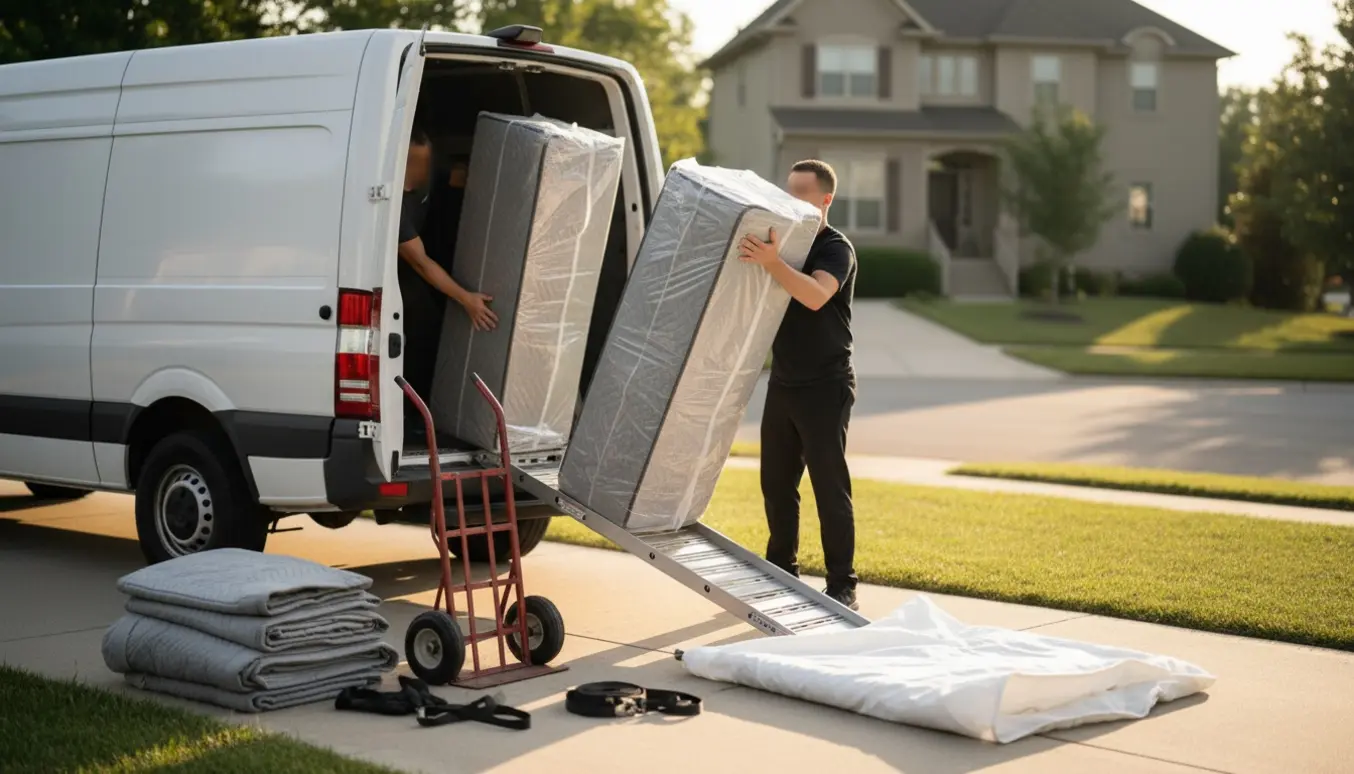 To boxmadrasser læsses ind i en kassevogn på en solrig indkørsel, med flytteudstyr og hænder synlige uden tydelige ansigter.