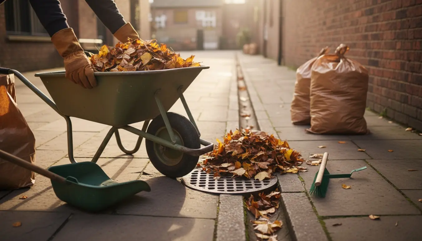 Trillebør og skovl fyldt med efterårsblade ved en gårdspladsdrain klar til bortskaffelse.