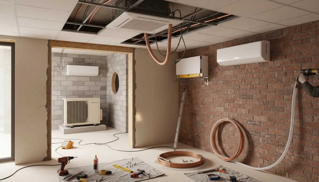 Installation af tre klimaanlæg: loftskassette i nedsænket gipsloft og to vægmonterede enheder på murvægge med værktøj og kobberrør.