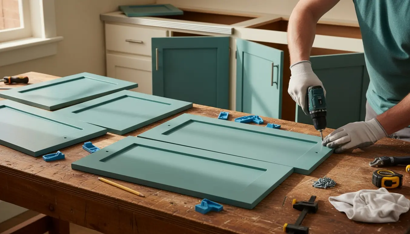 Hænder monterer hamborghængsler og greb på nymalede 1960'er køkkenlåger i et lyst køkken.