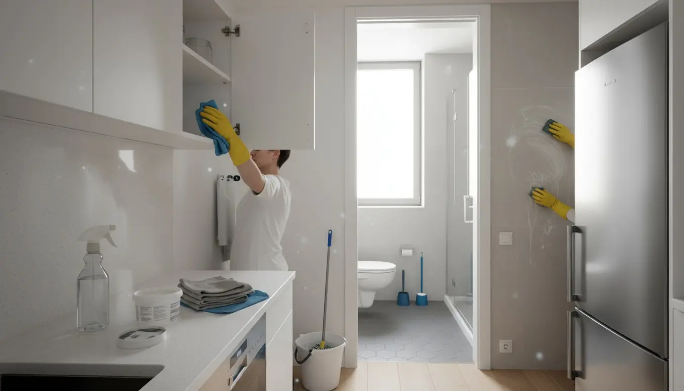 Hænder i gule handsker rengør køkkenskabe og flisebadeværelse med bruseniche.