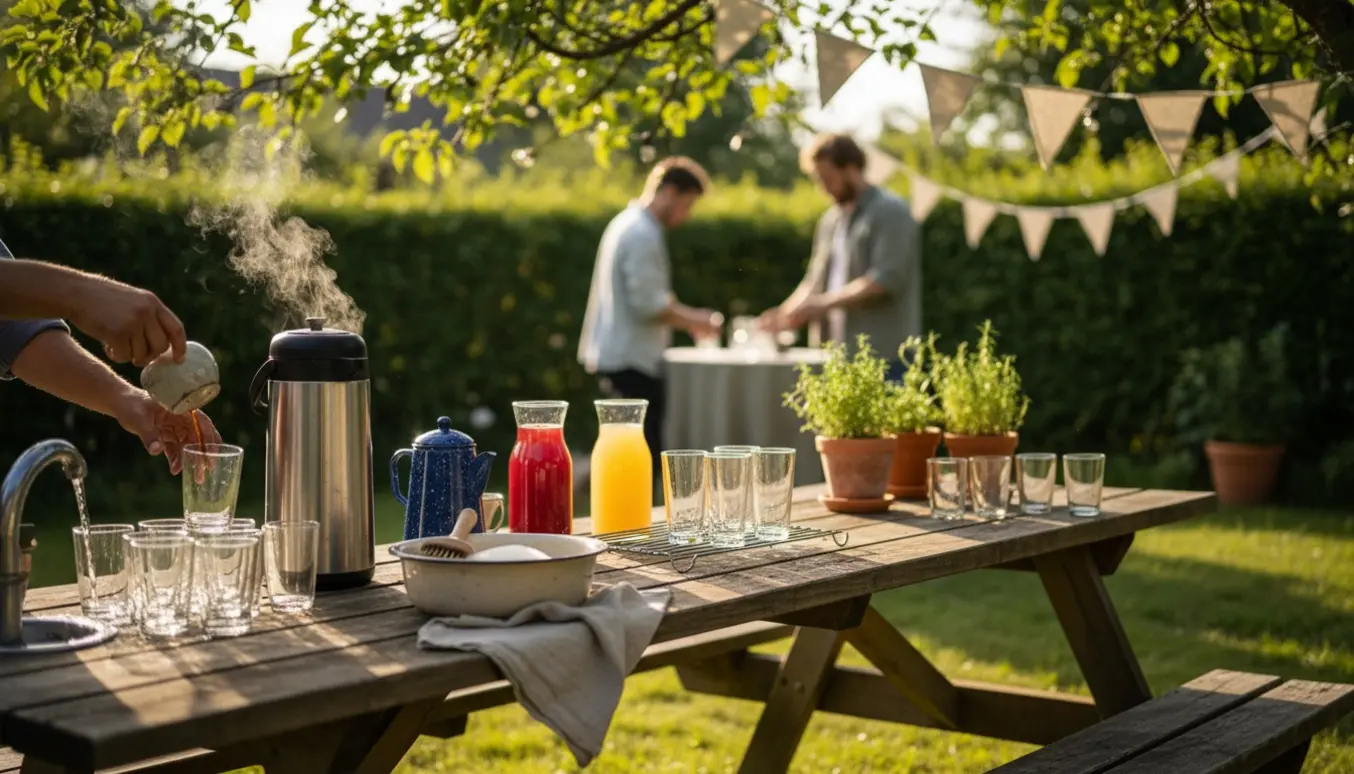 Hænder hælder kaffe og vasker glas ved et solbeskinnet havebord til en havefest.