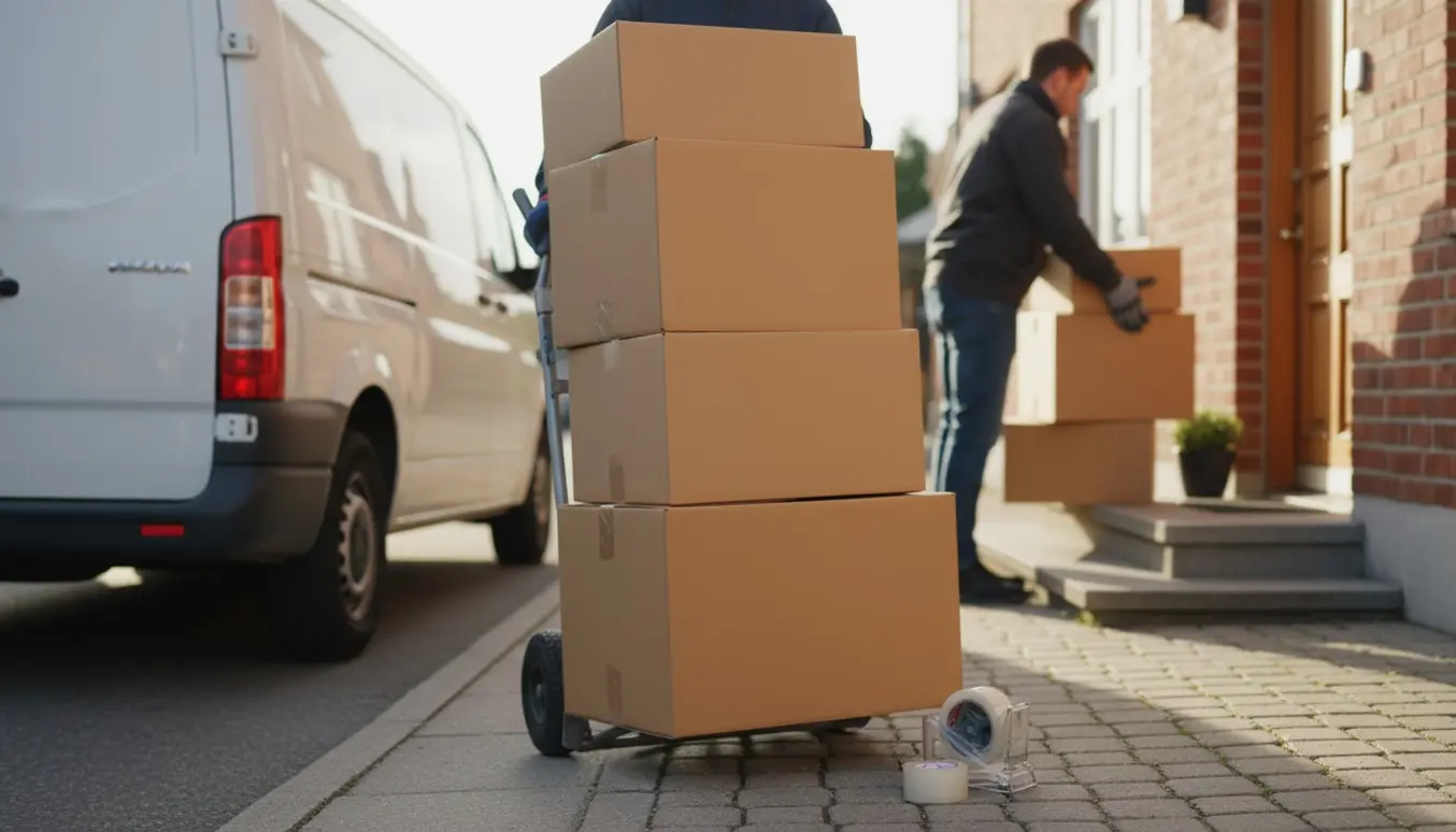 Fire brune flyttekasser stablet på en sækvogn ved en indgang, klar til levering.