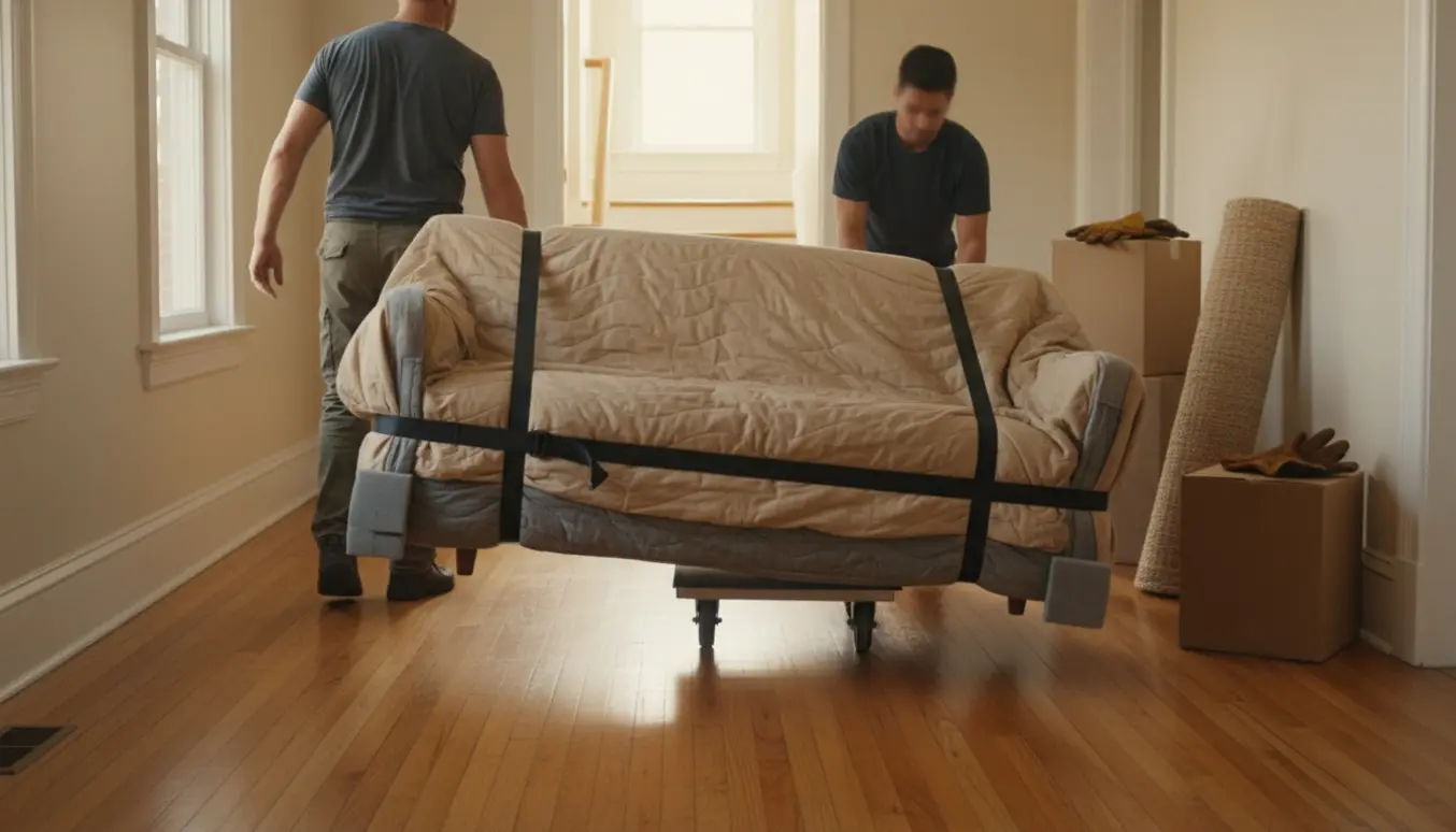 To personer flytter en indpakket sofa gennem en lys lejlighedshal med flyttetæpper og en flyttevogn.