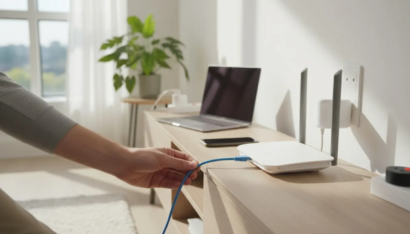 Hænder tilslutter en Wi‑Fi-router og en booster i en lys, moderne stue.