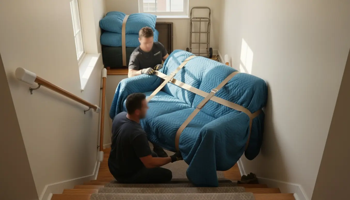 To personer bærer en mindre sofa ned ad en solbeskinnet lejlighedstrappe, pakket i flyttedækken med puder lagt til side.