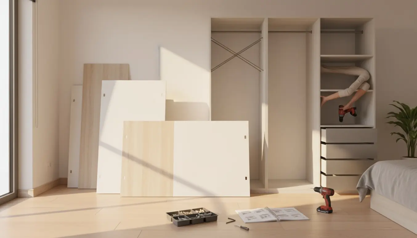 Hænder samler et nyt PAX-garderobeskab i et lyst soveværelse med værktøj spredt på gulvet.