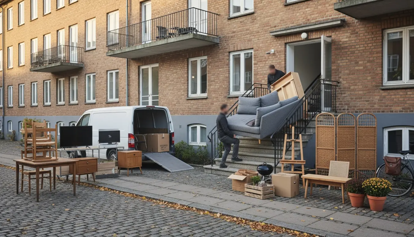 Flyttefolk bærer møbler og kasser fra en 2. sal lejlighed til en varevogn og anhænger på en kølig oktobermorgen, med cykel, grill og blomsterkrukker ved siden.