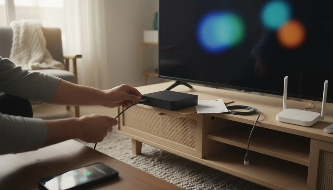 Hænder forbinder en streamingbox til et fjernsyn i en lys stue med router og åbnet emballage på bordet.