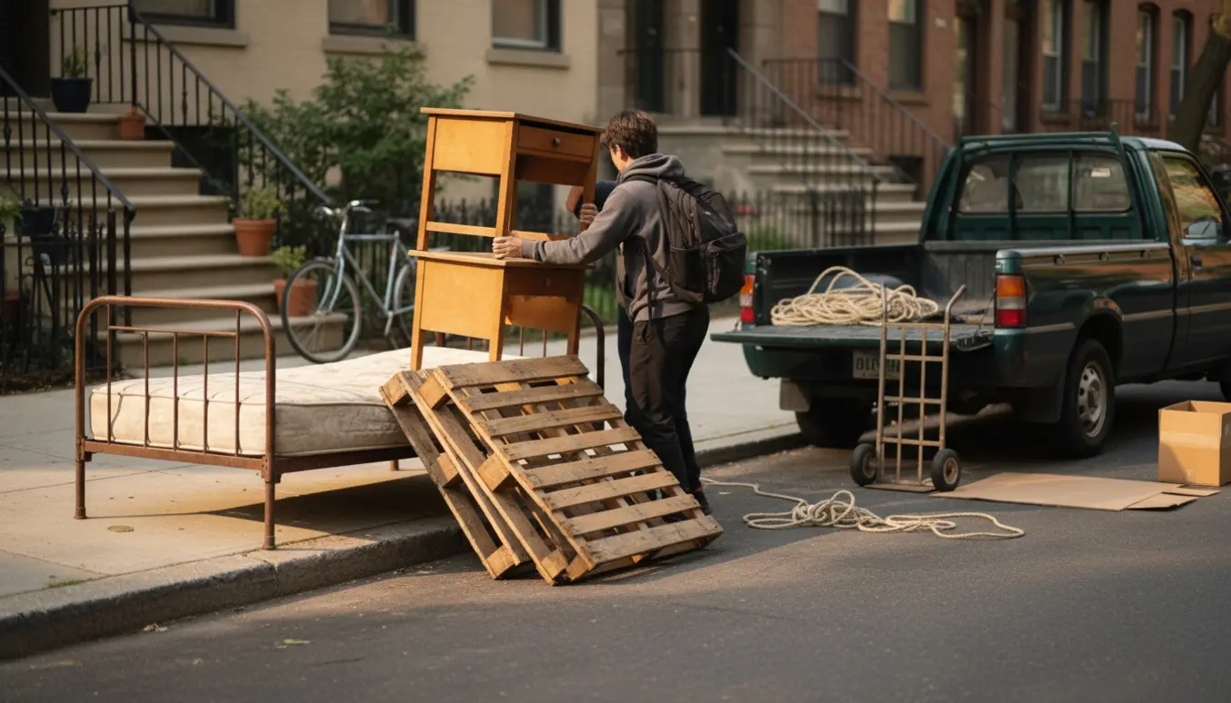 En ung person læsser en gammel seng, to små skriveborde og ødelagte paller til storskrald ved fortovet.