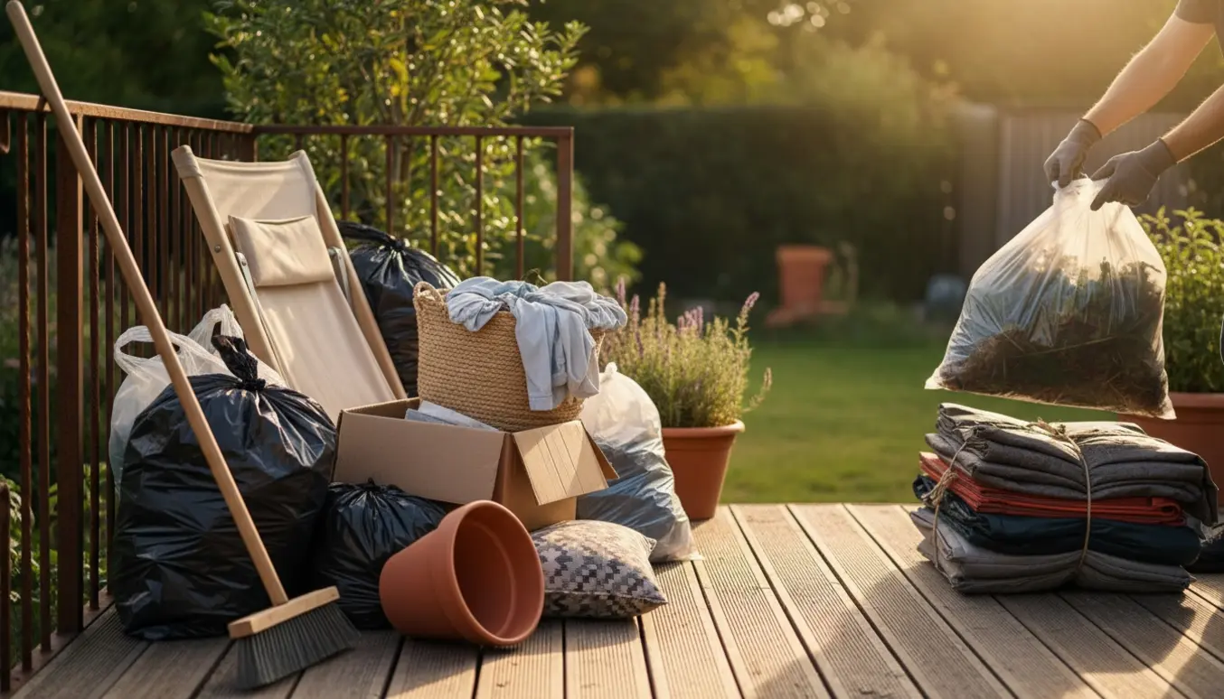 Rodet træterrasse med poser og ting, hvor handsker bærer en sæk for at tømme området.