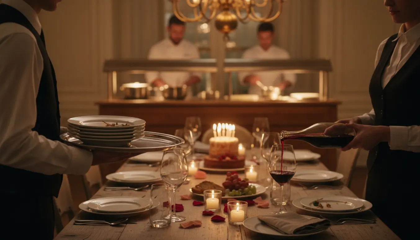 En tjenerassistent rydder af bordet og serverer vin ved en elegant fødselsdagsfest med kokke i baggrunden.