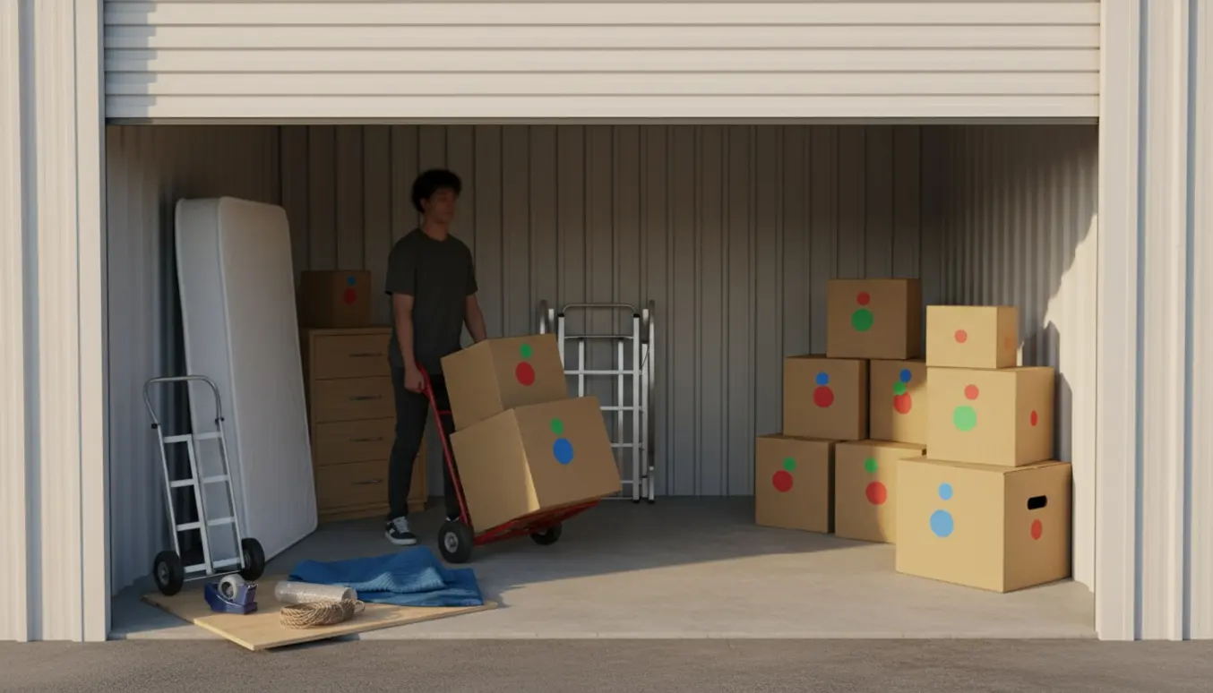 Et åbent selfstorage-rum med sengematerialer, kommode og stablede flyttekasser klar til flytning.