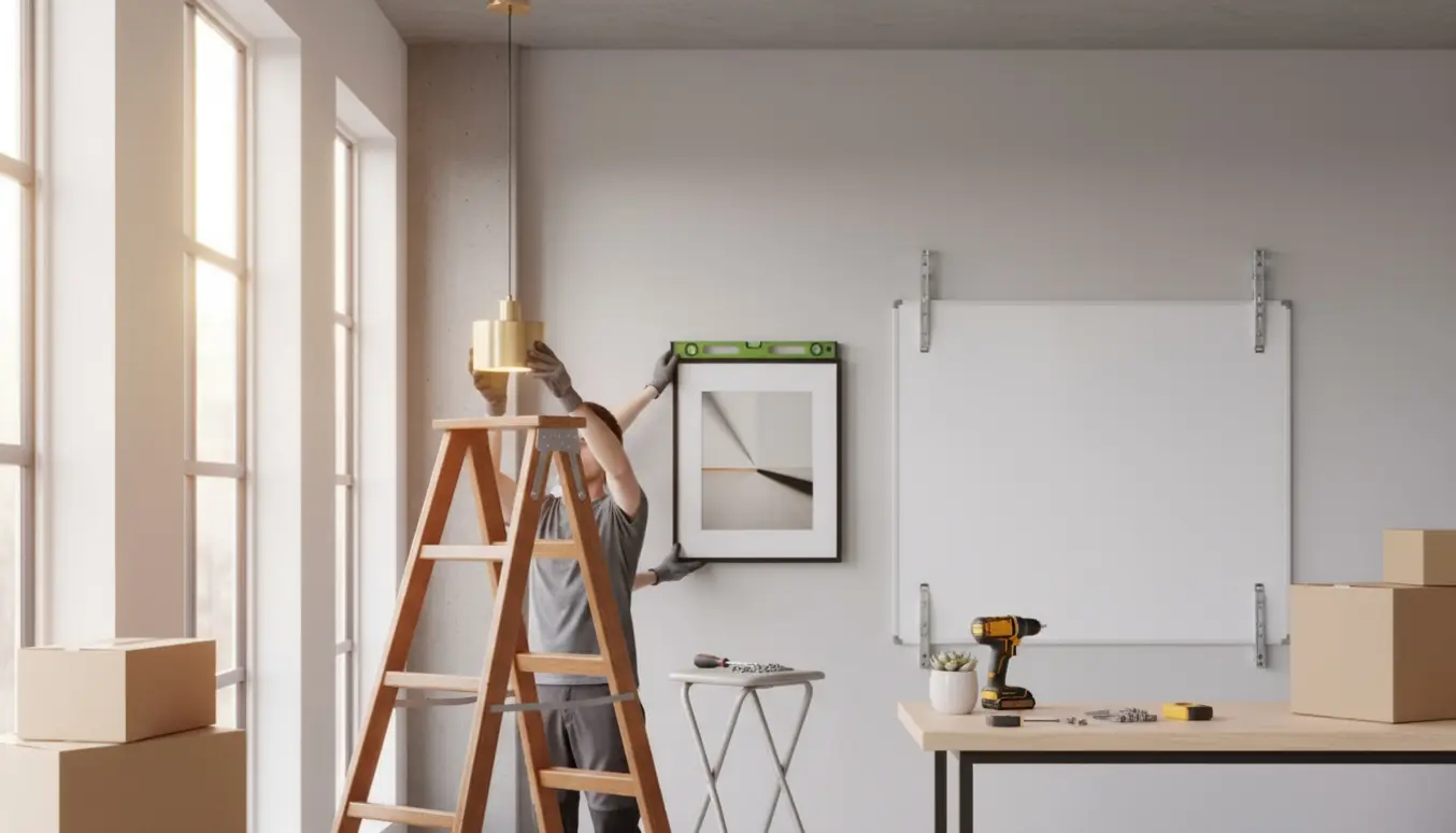 Hærdige hænder monterer lamper, billeder og et whiteboard i et lyst kontormiljø.