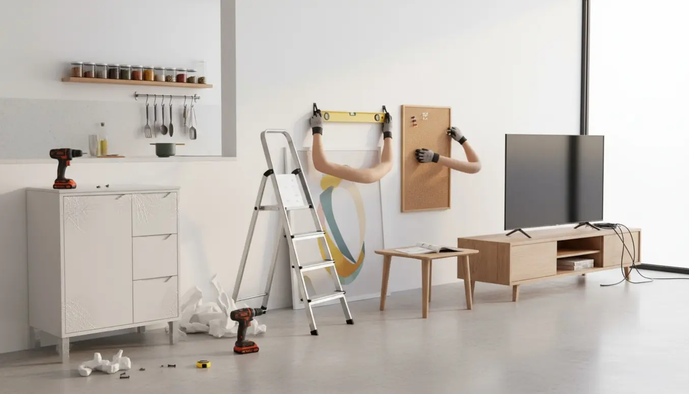 Montagearbejde i hjemmet med udpakket badeværelsesskab, håndværktøj, hængende billede, krydderihylde og TV på et sænket bord.