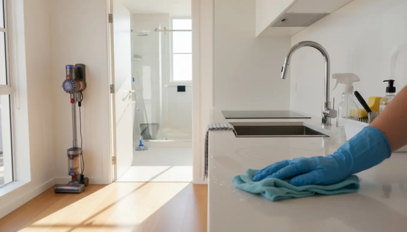 Rengøringsperson i handsker tørrer et køkkenbord i en lys, nyvasket lejlighed med synligt badeværelse.