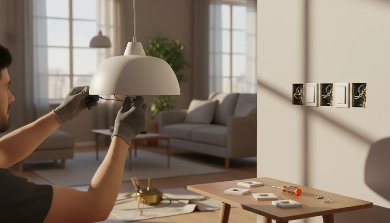 En person på en stige monterer en loftlampe, mens tre vægkontakter skiftes.