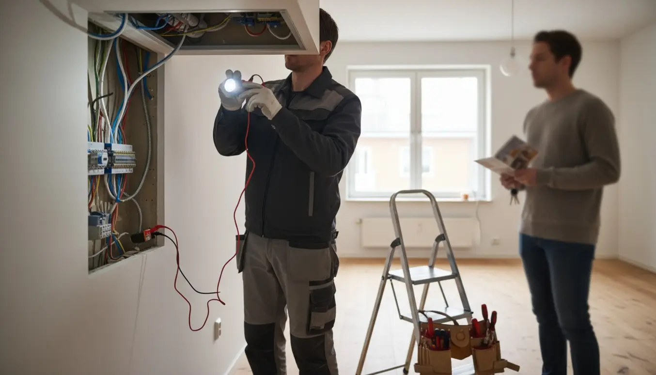 Elektriker inspicerer elinstallationer gennem en åben loftlem under en lejlighedsvisning.