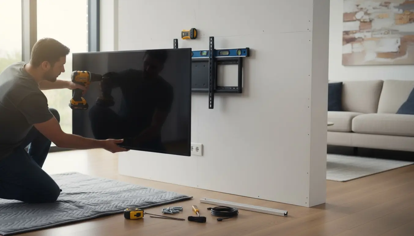 Tv på 55″ monteres på væg med vægbeslag, boremaskine og vaterpas i en lys stue.