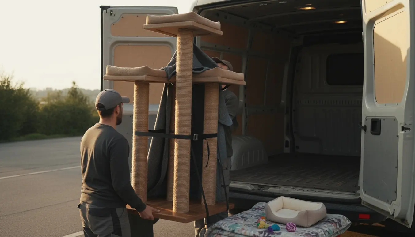 Et nyt kradsetræ læsses forsigtigt ind i en varevogn på en rolig boligvej, to personer ses bagfra.