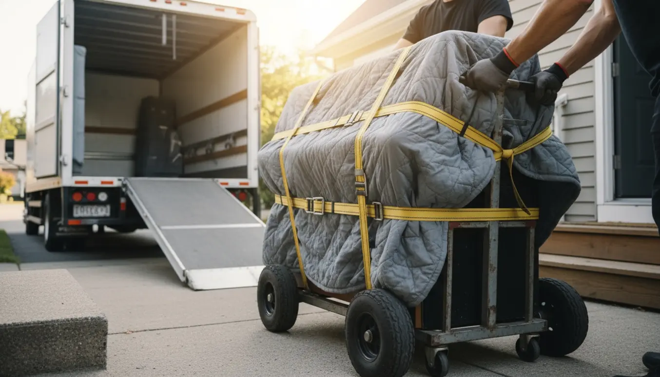Et pakket og indbundet klaver løftes forsigtigt mellem to huse af flyttemænd ved hjælp af sele og dolly.