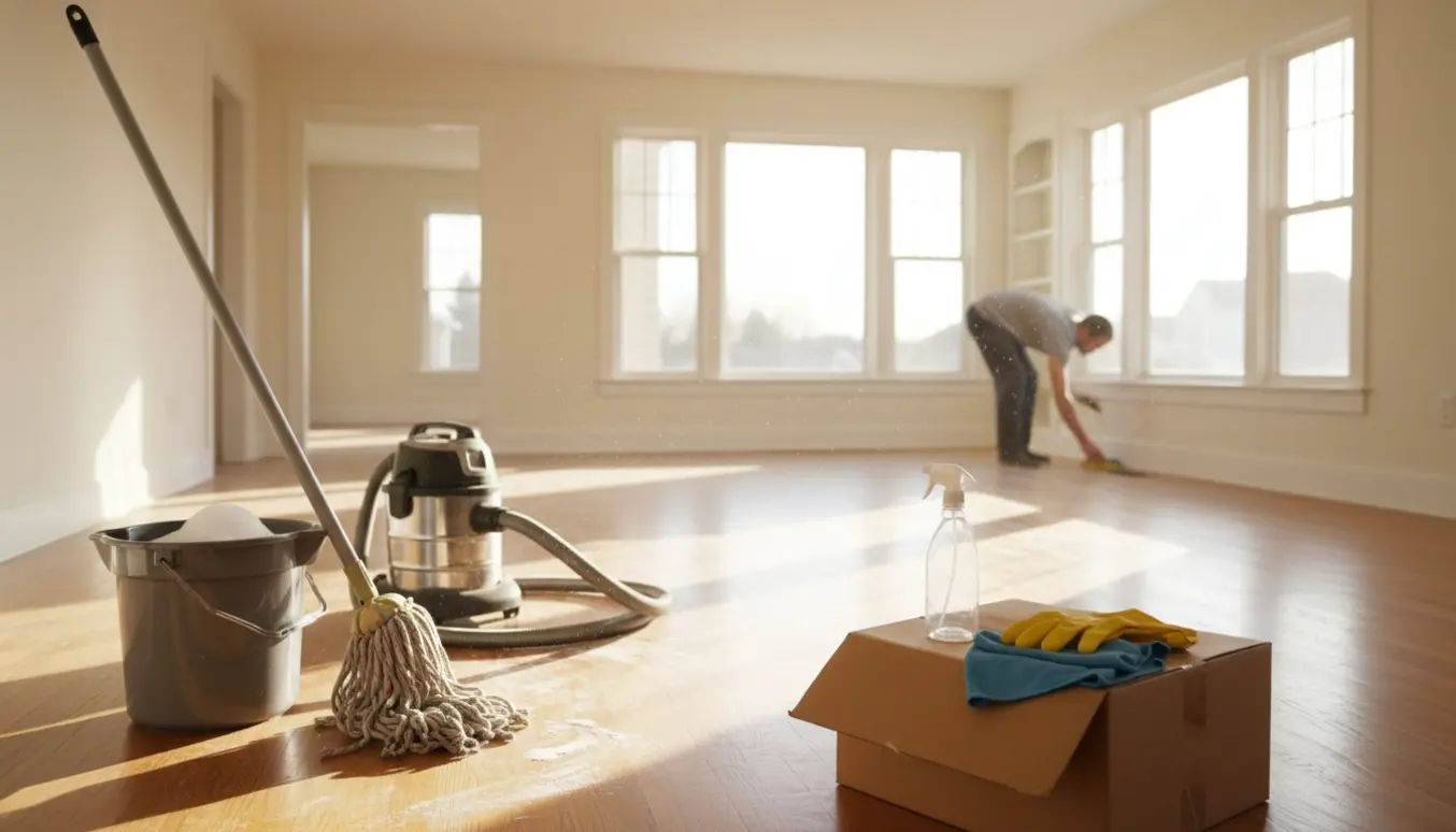 Soloplyst tomt hus under rengøring med moppe, støvsuger og en person set bagfra.