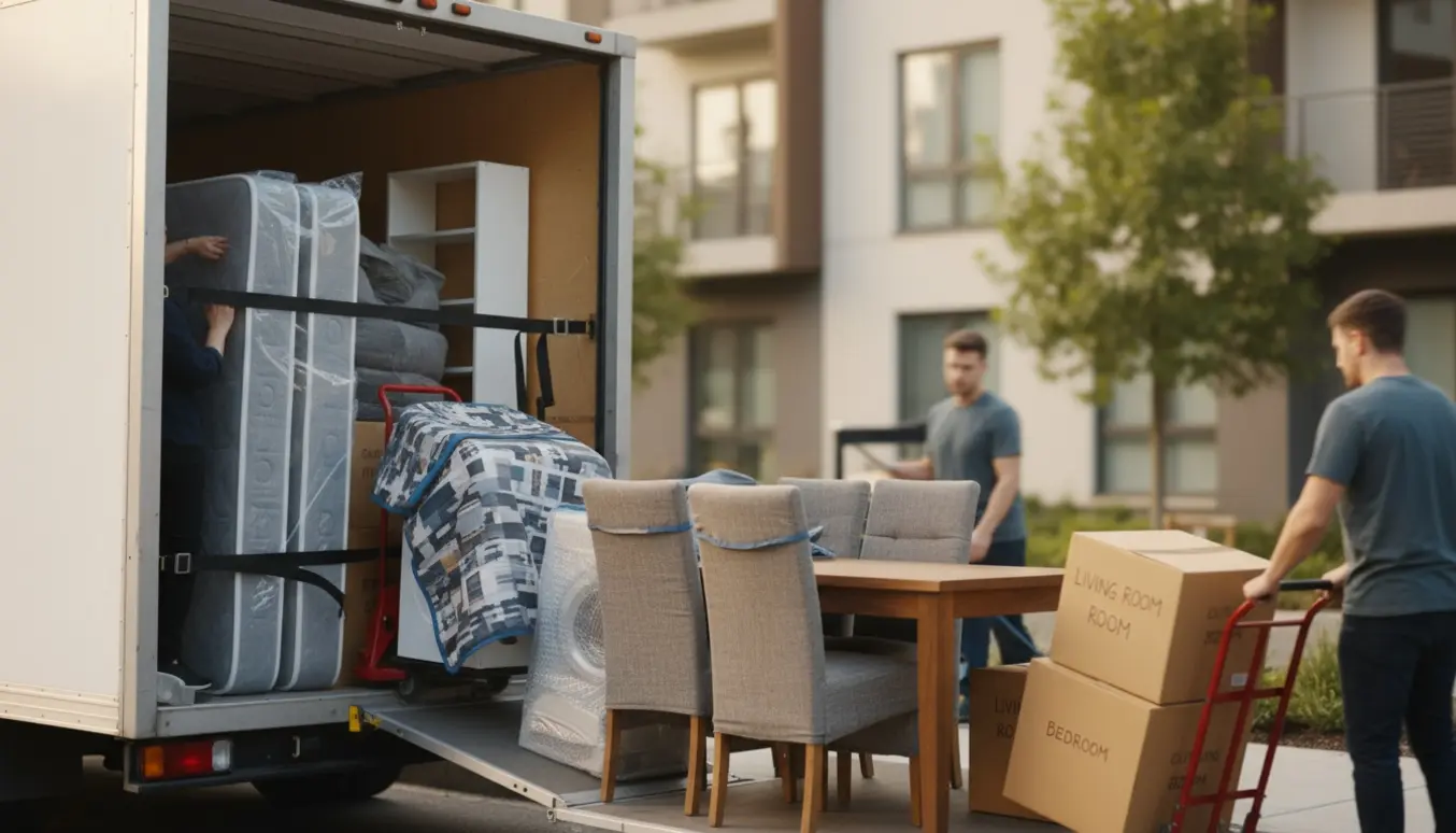 Åben flyttebil ved en lejlighed med indpakkede møbler, vaskemaskine og flyttekasser, uden synlige ansigter.