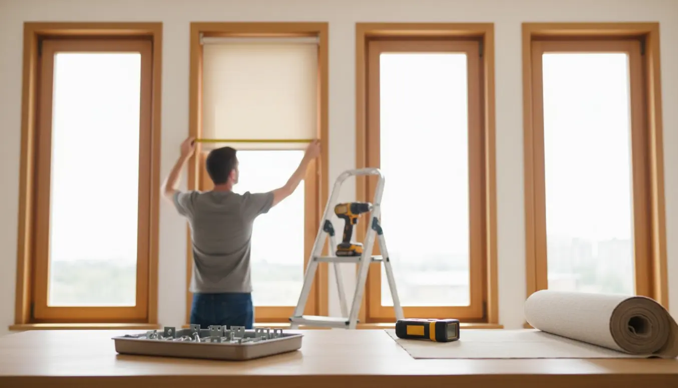 Forberedelse til måling og montering af rullegardiner på fem vinduer med værktøj og materialer.
